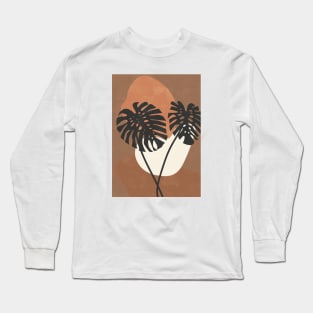 Boho Earth Tones Monstera Deliciosa, Botanical Print Long Sleeve T-Shirt